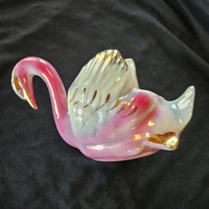 MCM Lustreware Swan with Gold Accents, Pink, Blue, Green Air Brushed, Planter, Dish