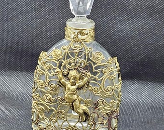 Filigree Gold Plated Perfume Bottle, Cherub,  Crystal Stopper with Glass Dauber, Hollywood Regency