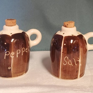 Unique Little Brown Jugs with Cork Tops Salt & Pepper Shakers, Vintage Brown and White Pottery or Porcelain