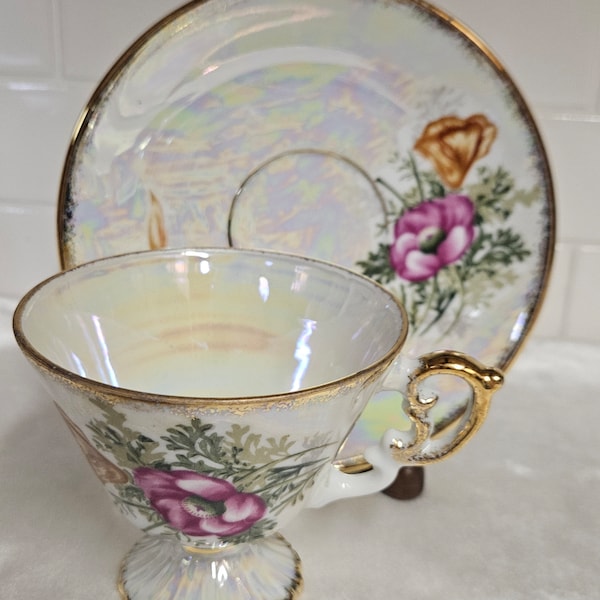 Enesco AUGUST POPPY Lustreware Cup & Saucer, Teacup,  Gold Trim, Footed Cup