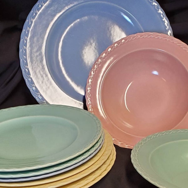 Native California Vernon Kilns 1940s Pastel Dinnerware with Embossed Leaf Rope Trim, Matte Glaze, by the piece