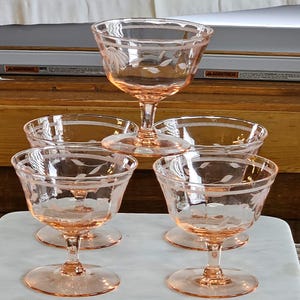 Set med 5 rosa fotade låga sorbetcocktails av okänd tillverkare, panelerade och etsade JD