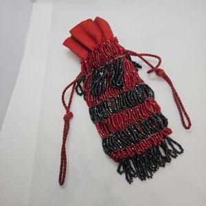Cuentas de vidrio victorianas hechas a mano, monedero rojo y negro, antiguo