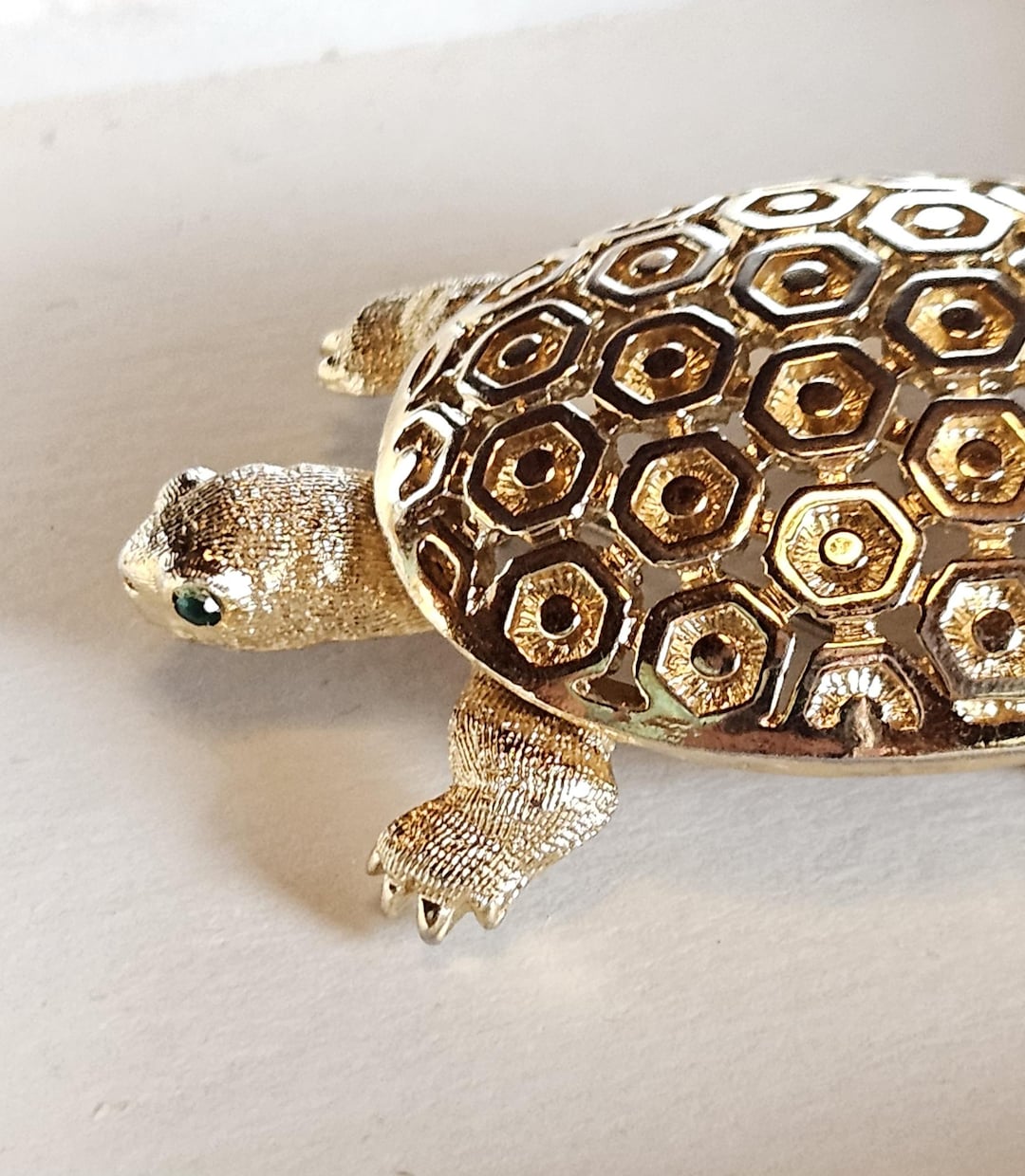 Turtle Shell Bling Monet Turtle Brooch, Gold Tone Pierced Shell With Green Rhinestone Eyes ...