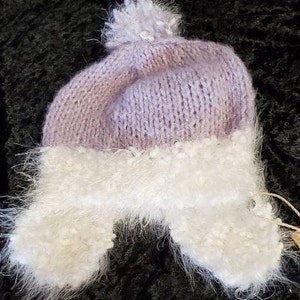 Little Girls Lavender and White Glitter Hat, Hand Knitted, Pom Pom, Sparkles