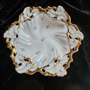 Vtg C.T. Carl Tielsch German Hard Paste Porcelain Bowl, Reticulated, Gold Trim