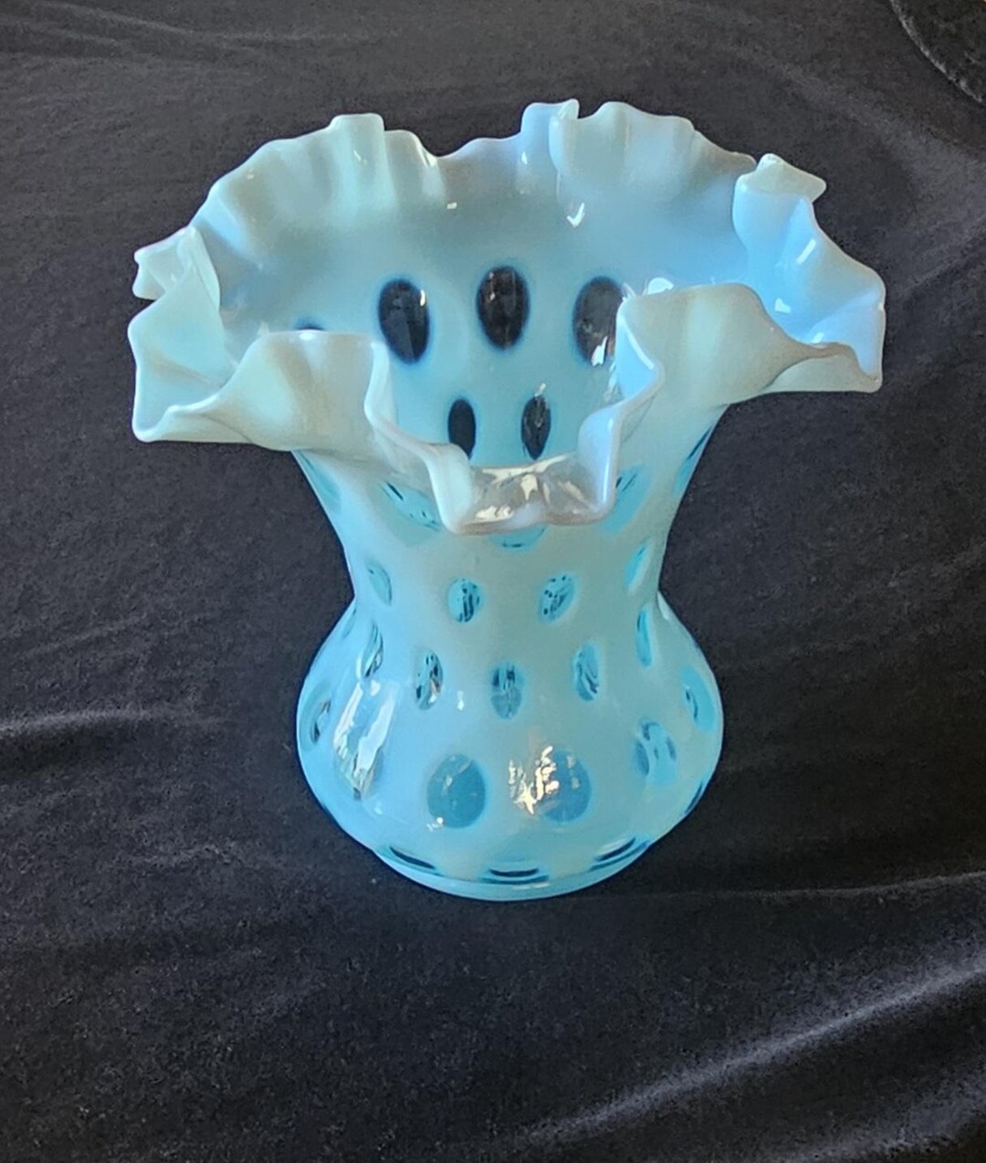 Vintage Fenton Blue Coin Dot 6" Tall Vase , Ruffled Edge, Mid Century ...