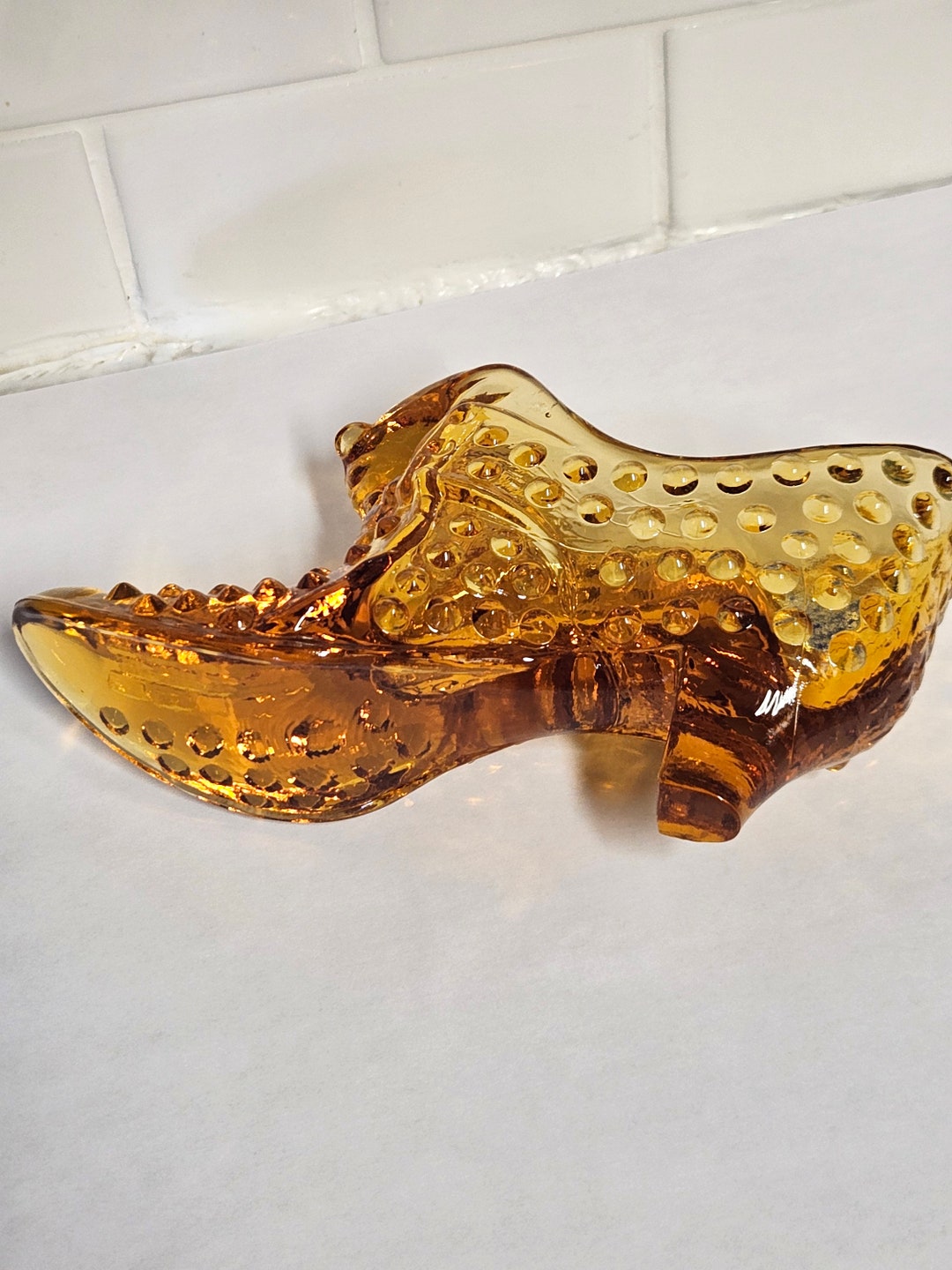 Fenton Amber Hobnail Glass Slipper Shoe Cat Head With Foil Sticker Etsy