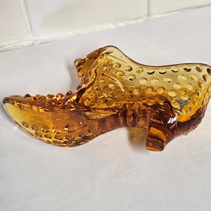 Fenton Amber Hobnail Glass Slipper Shoe Cat Head with Foil Sticker