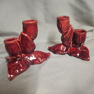 Red Wing Burgandy Red Magnolia Pair of Candleholders