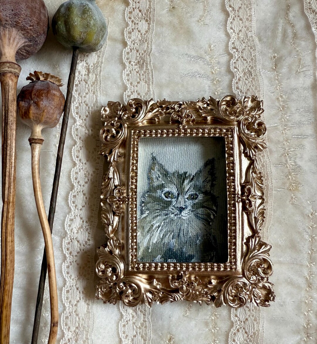 Miniature Framed Tabby Cat Oil Painting on Canvas - Etsy