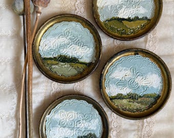 Set of 4 Florentine Original Oil Painting / European Landscape Art/ Vintage Coasters