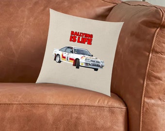 Rallying Is Life Opel Manta Rally Cushion. 40cm x 40cm Natural Cushion, Custom Illustration Home Pillow Gift Present For Man Cave or Sofa