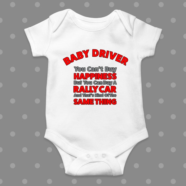 Rally Car = Happiness White Baby Grow 'Baby Driver' or 'Baby Co-Driver' Design - Cute Baby Grow Vest Onesie - Birthday Gift Present