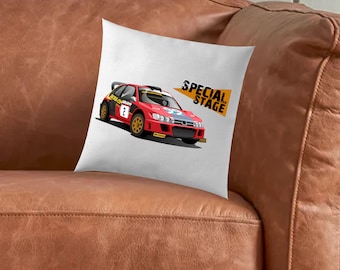 Andy Burton Rally Cushion. 40cm x 40cm Natural Cushion, Custom Illustration Home Pillow Gift Present For Man Cave or Sofa