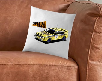 Quattro Rally Cushion. 40cm x 40cm Natural Cushion, Custom Illustration Home Pillow Gift Present For Man Cave or Sofa