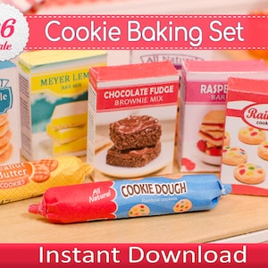 May include: A miniature cookie baking set with six different boxes of cookie mix, including peanut butter, chocolate fudge brownie, rainbow, and more. The set also includes a tube of cookie dough.