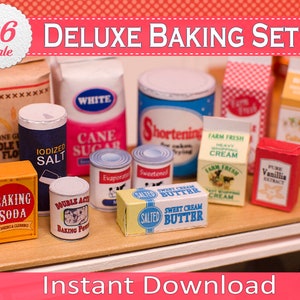 1:6 Scale Deluxe Dollhouse Baking Set Printable for 12-inch Fashion Dolls, Instant Download Miniature DIY Baking and Grocery Food Boxes image 1