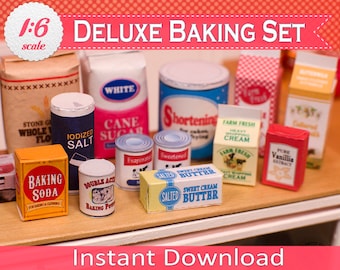 1:6 Scale Deluxe Dollhouse Baking Set Printable for 12-inch Fashion Dolls, Instant Download Miniature DIY Baking and Grocery Food Boxes