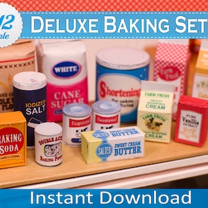 Deluxe poppenhuisbakset 1:12 afdrukbaar, Instant Download miniatuur DIY-bakingrediënten en levensmiddelendozen