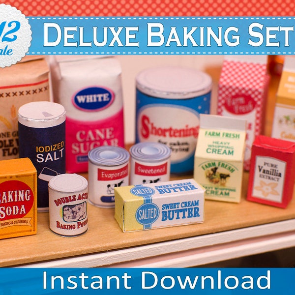 1:12 Scale Deluxe Dollhouse Baking Set Printable, Instant Download Miniature DIY Baking Ingredients and Grocery Food Boxes