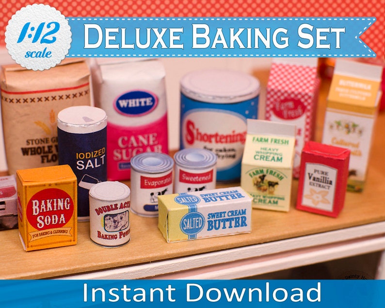 1:12 Scale Deluxe Dollhouse Baking Set Printable, Instant Download Miniature DIY Baking Ingredients and Grocery Food Boxes image 1