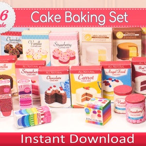 May include: A miniature cake baking set featuring a variety of cake mixes, cupcake cases, frosting and sprinkles. The set includes flavours such as chocolate, vanilla, strawberry, carrot, angel food and red velvet. The boxes are labelled "All Natural" and the frosting jars are labelled "Vanilla Frosting", "Strawberry Frosting" and "Chocolate Frosting".