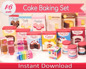 1:6 Scale Dollhouse Cake Baking Set Printable, Instant Download Miniature DIY Baking Ingredients and Grocery Food Boxes for Playscale Dolls