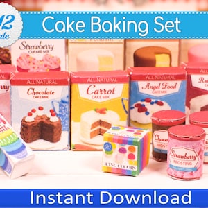 1:12 Scale Dollhouse Cake Baking Set Printable, Instant Download Miniature DIY Baking Ingredients and Grocery Food Boxes