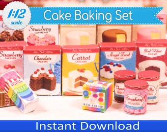 1:12 Scale Dollhouse Cake Baking Set Printable, Instant Download Miniature DIY Baking Ingredients and Grocery Food Boxes
