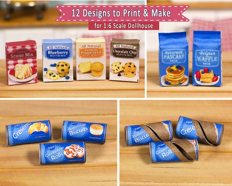 1:6 Scale Breakfast Baking Set Printable for 12-inch Fashion Doll, Instant Download PDF Miniature DIY Grocery Food Boxes image 2