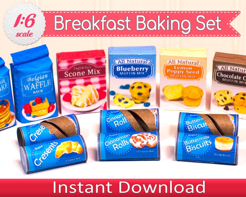 1:6 Scale Breakfast Baking Set Printable for 12-inch Fashion Doll, Instant Download PDF Miniature DIY Grocery Food Boxes image 1