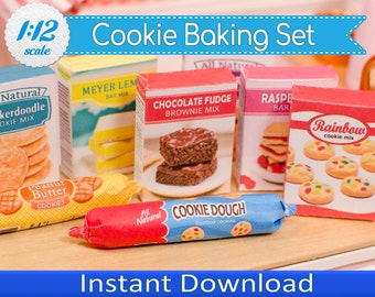 1:12 Scale Cookie Baking Set Printable, Instant Download PDF Miniature DIY Grocery Food Boxes, Miniature Food Packaging for Dollhouse