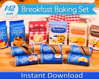 1:12 Scale Breakfast Baking Set Printable, Instant Download PDF Miniature DIY Grocery Food Boxes