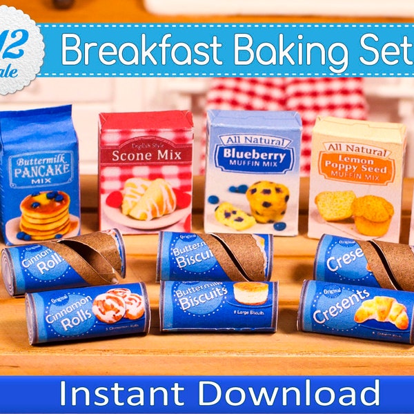 1:12 Scale Breakfast Baking Set Printable, Instant Download PDF Miniature DIY Grocery Food Boxes