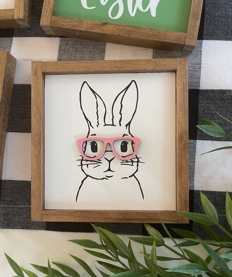 Easter wooden signs / bunny with glasses / happy easter / hello spring image 2
