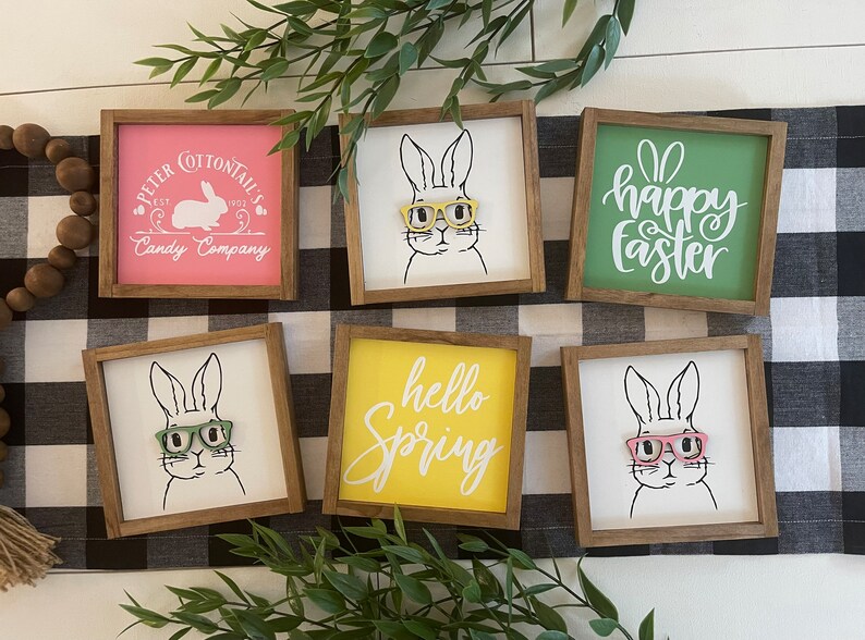 Easter wooden signs / bunny with glasses / happy easter / hello spring image 1