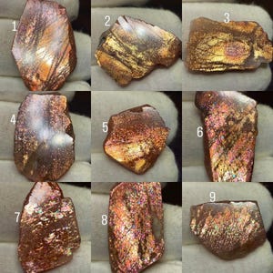 Puede incluir: Una colección de nueve especímenes irregulares de piedra solar numerados del uno al nueve. Cada piedra muestra un brillo metálico único con tonos cobre, oro y marrón rojizo, con inclusiones reflectantes internas que crean un efecto brillante.