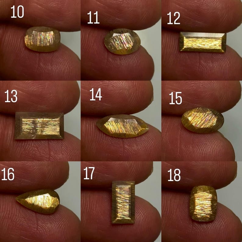 May include: A collection of nine faceted sunstone gemstones labelled 10 through 18, each displaying a metallic golden shimmer known as aventurescence. The stones are presented in various shapes including oval, rectangular, marquise, pear, and cushion cuts.