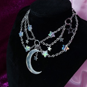 Moon and star celestial whimisgoth handmade necklace | witchy alt necklace, grunge fairycore halloween necklace