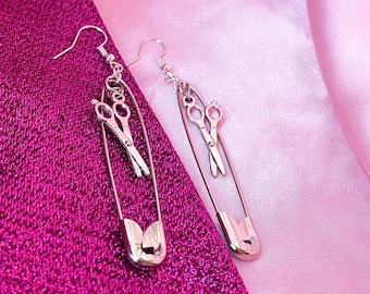 Safety Pin Scissor Charm Earrings, Lesbian Pride Jewelry, Bisexual Queer LGBT Gifts, Funny Alt