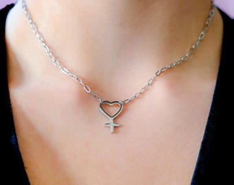 Venus-hartketting, roestvrij staal, WLW Lesbian Pride zilverkleurige sieraden | LGBT Sapphic Pride, Femme Feminist Queer-accessoires