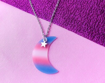 Transgender pride flag crescent moon necklace, handmade LGBTQ jewelry, trans pride flag with star charm, coming out gift, pride accessories