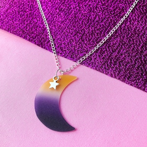 Non binary flag necklace, handmade enby pride flag colours on a crescent moon charm