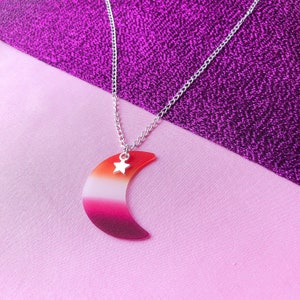 Lesbian pride flag necklace, handmade lesbian pride flag colours on a crescent moon charm
