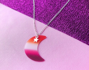 Lesbian pride flag necklace, handmade lesbian pride flag colours on a crescent moon charm