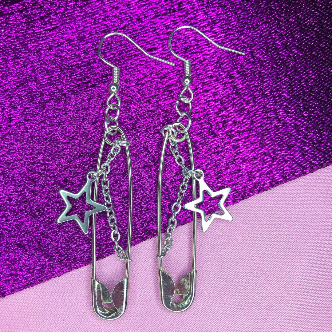 Safety Pin Earrings With Hollow Star Charm, Chain and Star Earrings