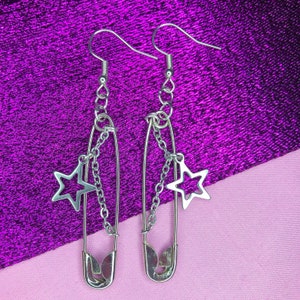 Safety Pin Earrings, Chain and Star Charm Punk Grunge Statement Jewelry, Unique Earrings, Gothic Earrings, Weird Earrings