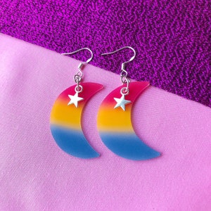 Pansexual flag moon charm earrings, pansexual pride flag colours as a crescent moon charm with star | Pan queer pride flag earrings