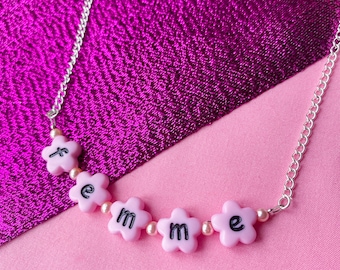 Pink Flower Letter Necklace: Femme Lesbian Pride Jewelry